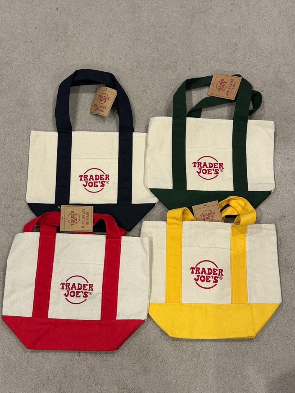 Trader Joe's Canvas Mini Tote Bag NWT- Set of four- Red, Yellow, Green, Navy